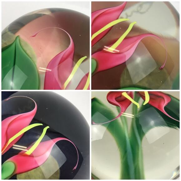 Orient & Flume Pink Callalily Flower Lampwork Paperweight Vintage Beyers Bag COA - Picture 14 of 15